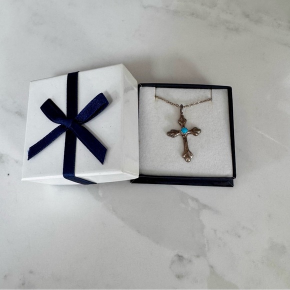 Vintage 925 Sterling Silver Turquoise Cross Pendant Necklace
